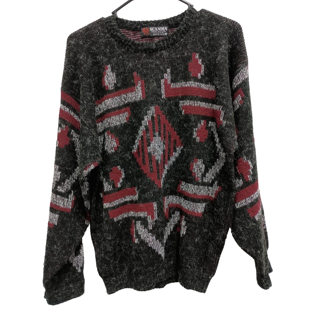 VTG 90s Scandia Grandpa Sweater Mens Size Medium Red Black Geomettic Chunky
